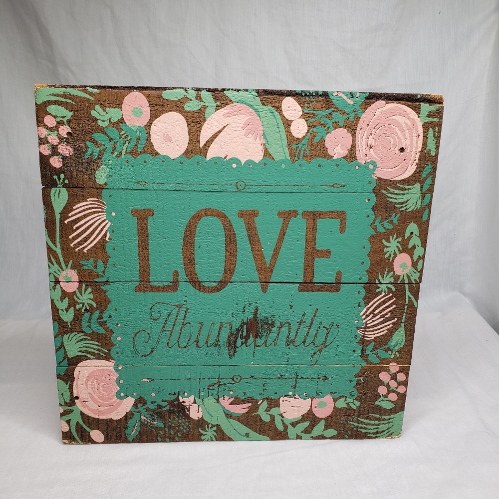 Rustic Love Abundantly Sign Wood Boards Wall Hanger/ Table Kick Stand 12 x 12 In